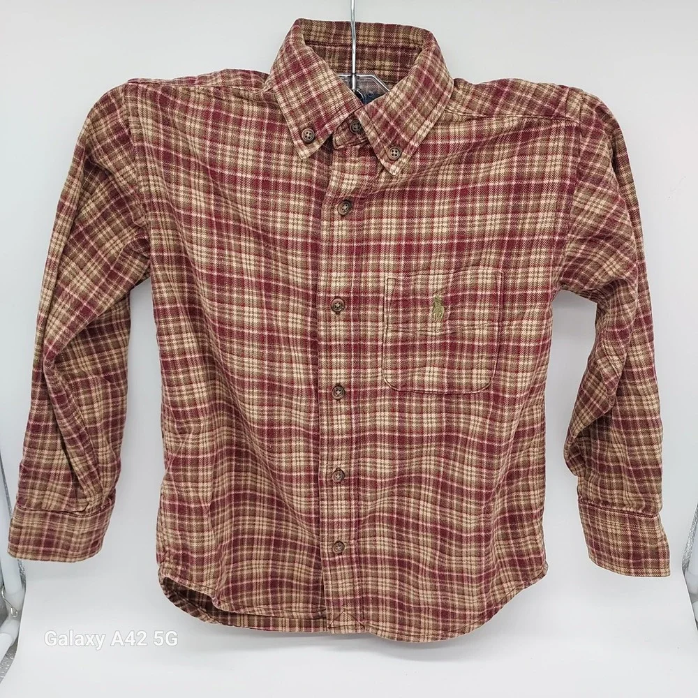 Ralph Lauren Boys Size 5 Plaid Button Down Shirt Burgundy Tan Green Cotton